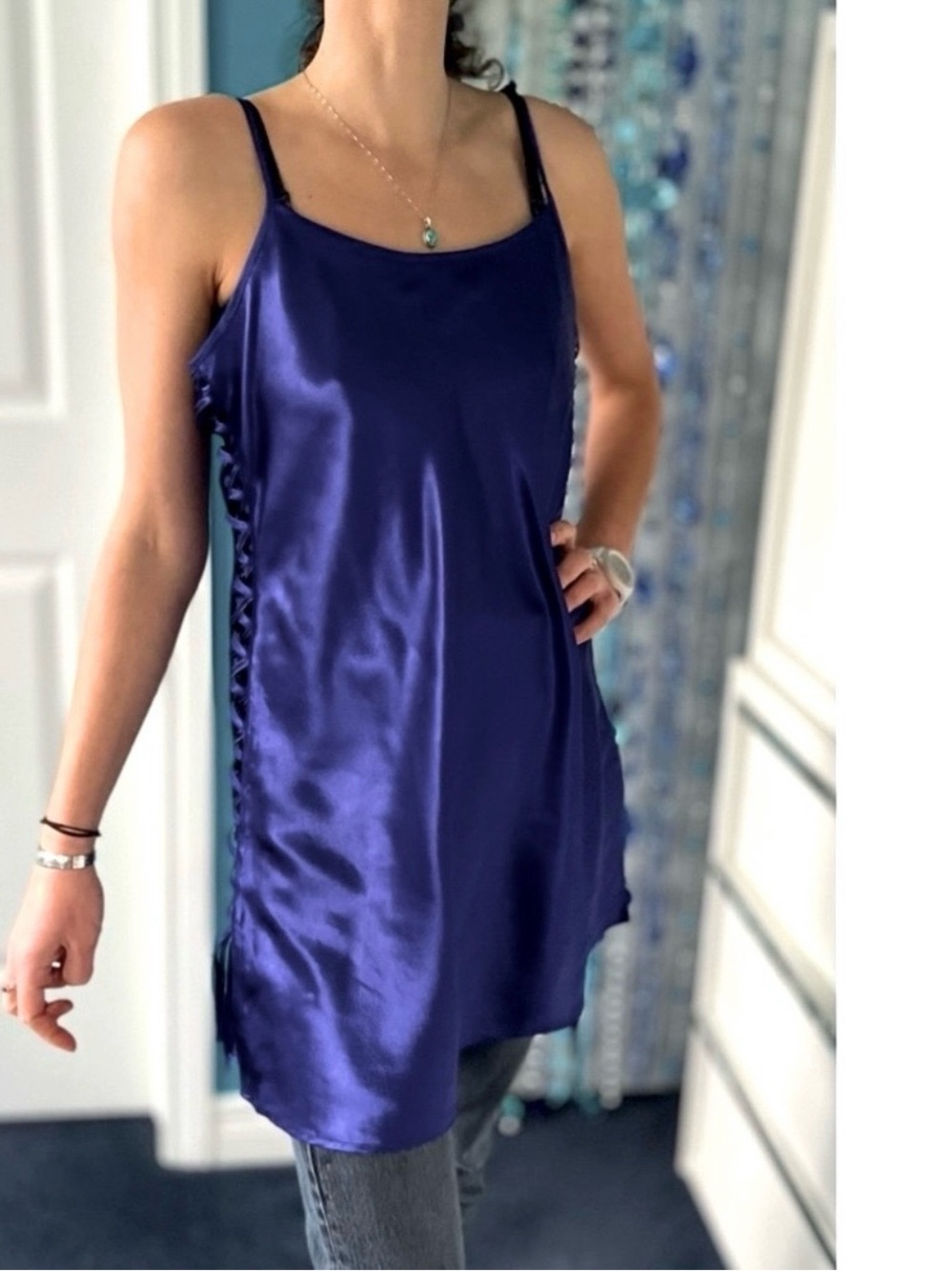 🇨🇦 Purple Satin Slip Dress/ Tunic-Lace-Up Sides & Jewel Tone- New